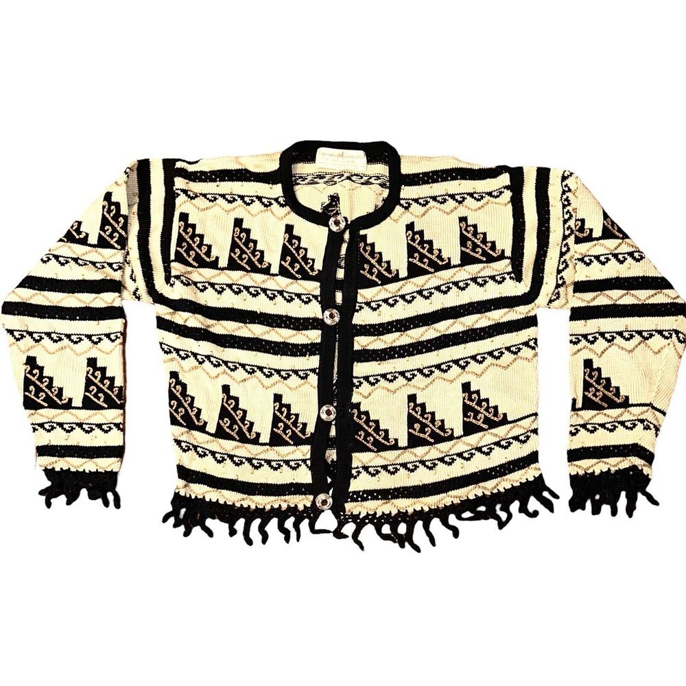 Peruvian Connection Cardigan Sweater Pima Cotton Ceramic Buttons Sz M Artsy Boho